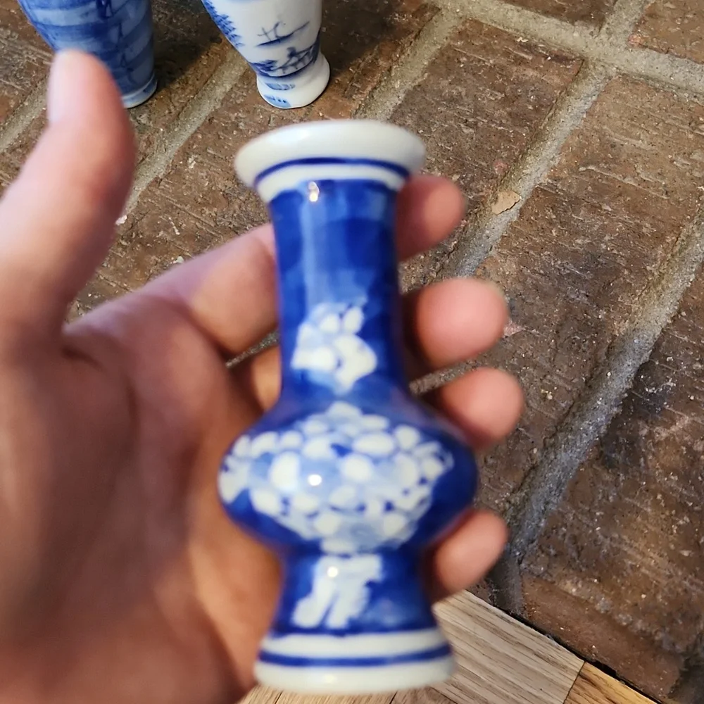 Vintage Chinese Bud Vases Miniature  Set Of 3 Cobalt Blue Asian Cherry Blossoms